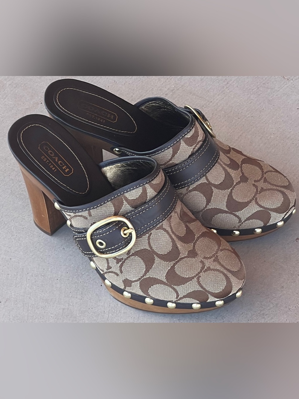 Coach Signature Clogs Mule Heels Brown Jacquard Wood Platform Buckle US 8